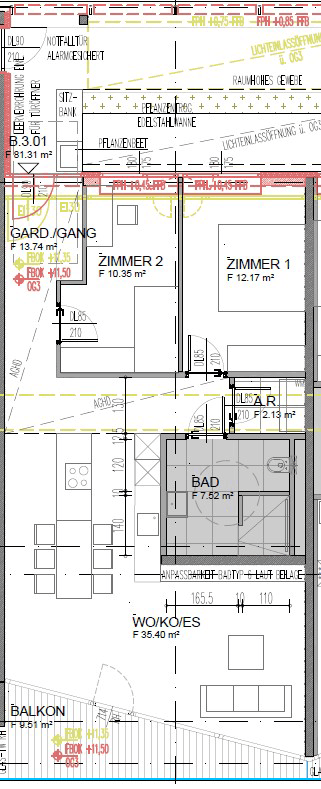 Grundriss einer Wohnung mit offenem Wohn-Essbereich, zwei Schlafzimmern, Bad, Abstellraum, Balkon und einer begrünten Terrasse.