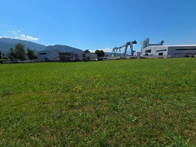 Weitläufiges grünes Feld mit Industrieanlagen, einem Kran und Bergen im Hintergrund unter blauem Himmel.
