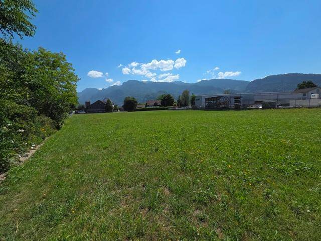 Großes grünes Feld mit Bäumen, Industriegebäuden und einer weiten Bergkette im Hintergrund.