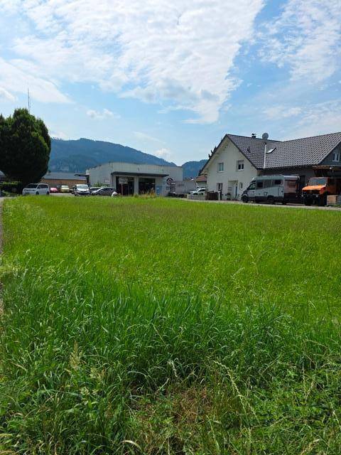 Weitläufige Grünfläche mit Blick auf ein Gewerbegebäude und die dahinterliegenden Berge.