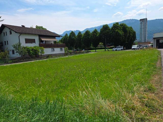 Große Rasenfläche mit Blick auf ein Wohnhaus, Bäume und die umliegende Berglandschaft.