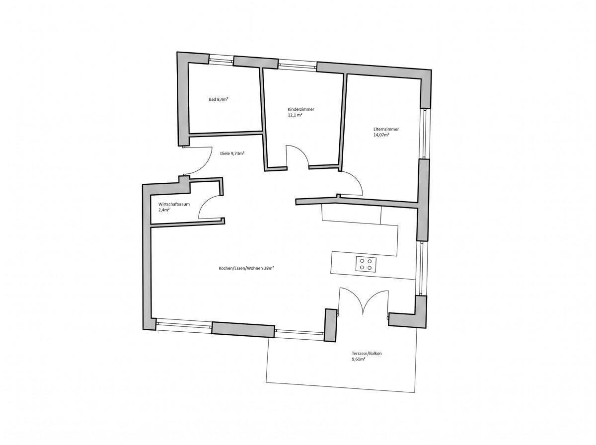 Grundriss der Wohnung mit Küche, Wohnzimmer, Schlafzimmern, Bad und Terrasse/Balkon.