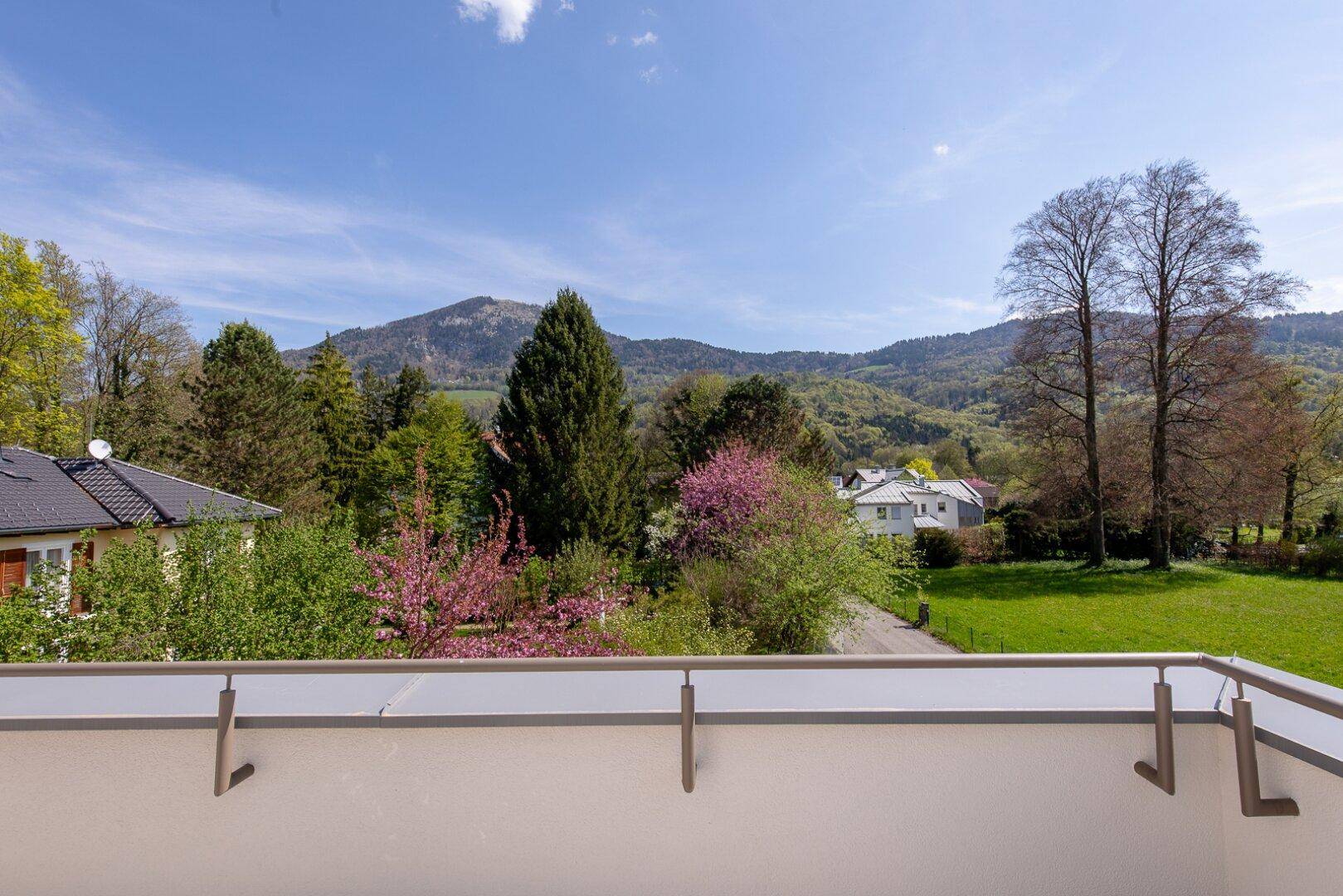 Panoramablick vom Balkon auf grüne Hügel, Bäume und die umliegende Landschaft.