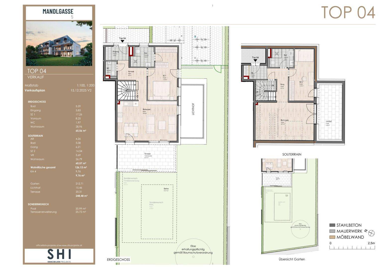 Grundrissplan einer modernen Maisonette-Wohnung mit Erdgeschoss und Souterrain, inklusive Garten und Terrasse.