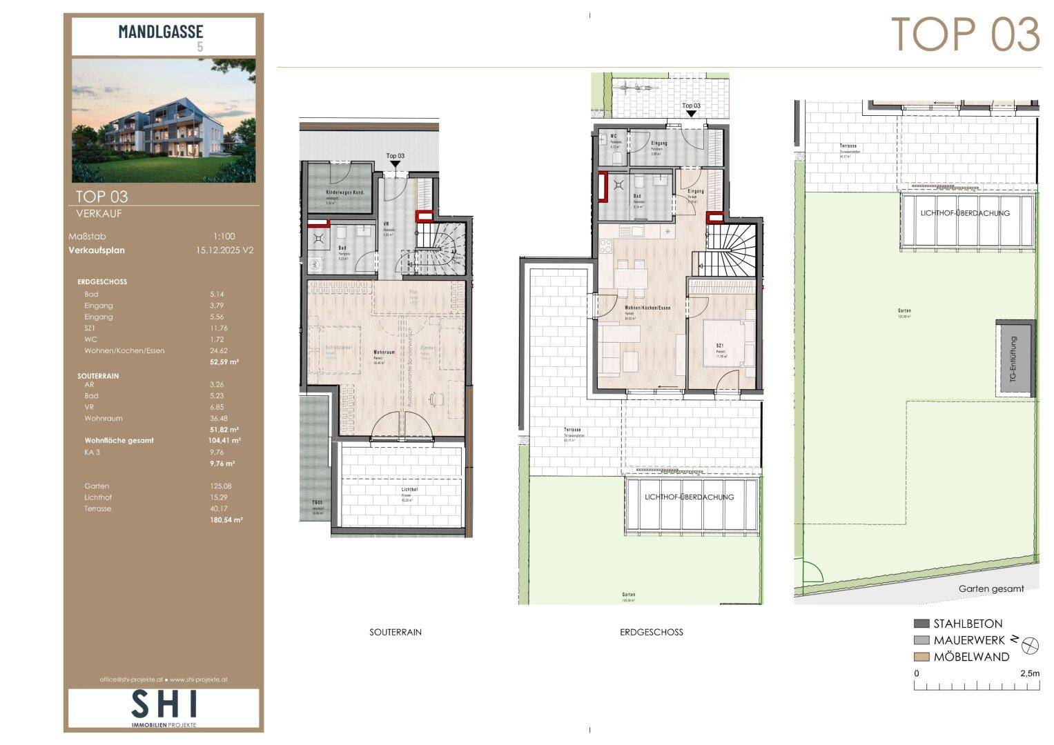 Mehrgeschossiger Grundriss mit Garten- und Terrassenzugang sowie detaillierter Raumaufteilung.
