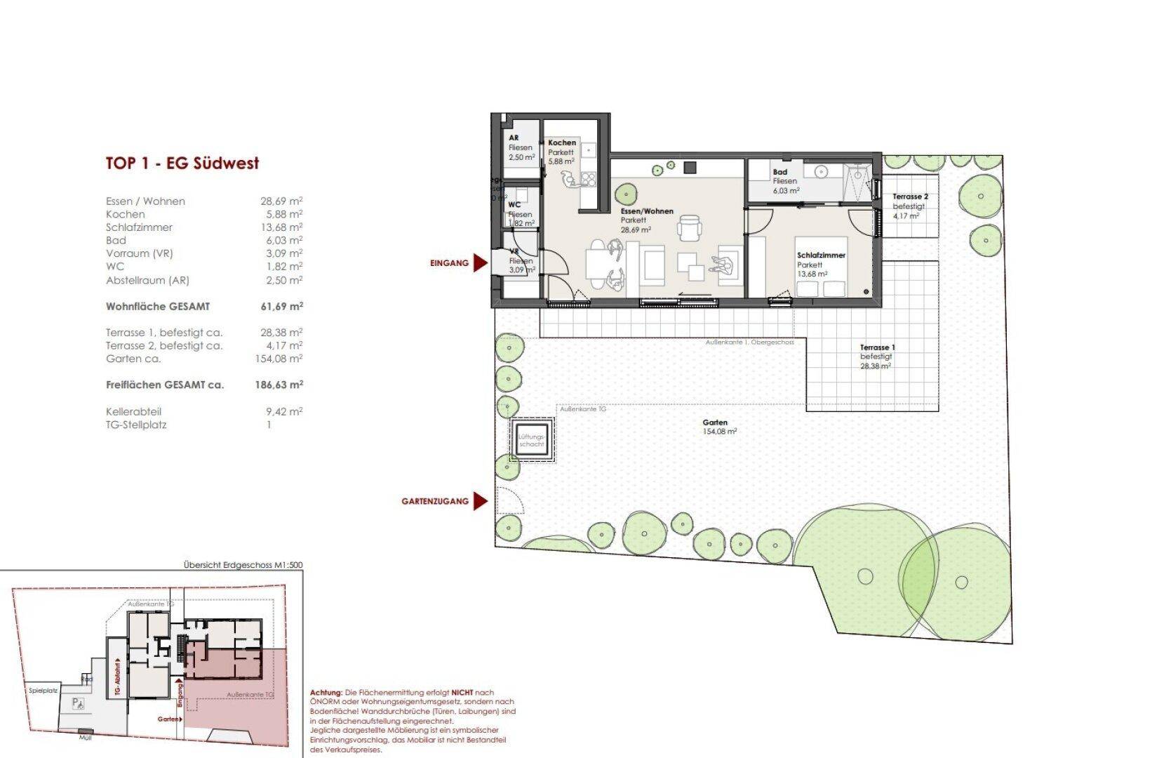 Grundriss der Wohnung mit offenem Wohnbereich, zwei Terrassen und Gartenanteil.