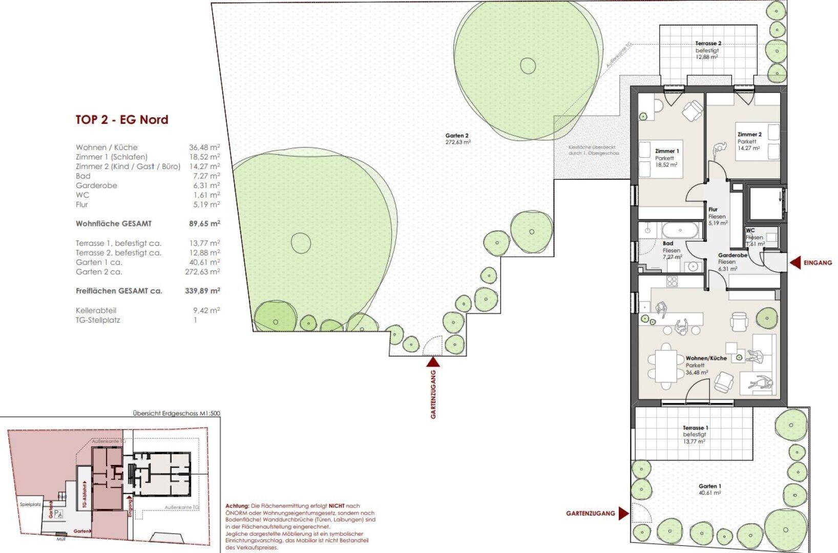 Grundriss einer Wohnung mit offenem Wohnbereich, Garten und zwei Terrassen.