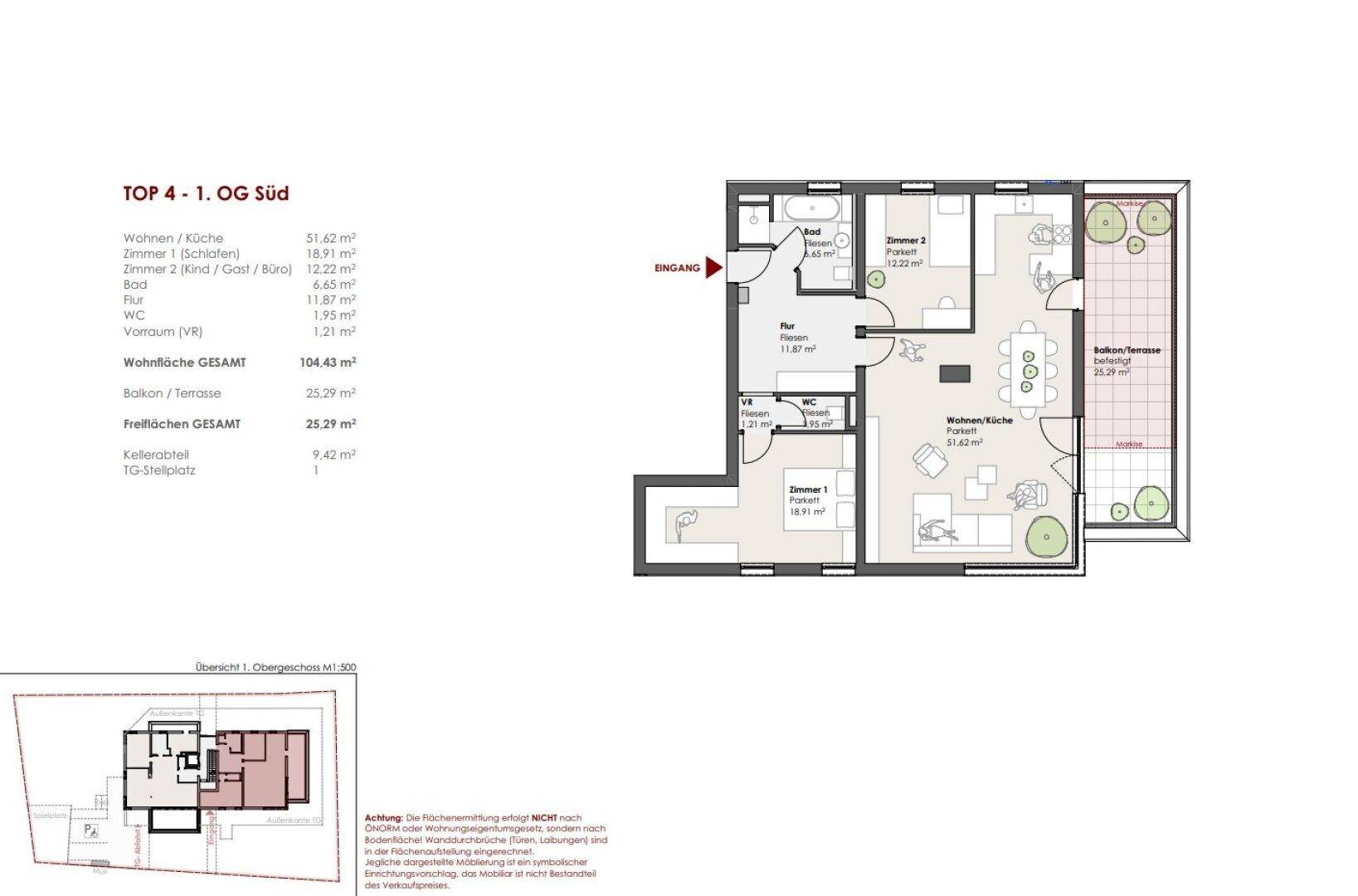 Grundriss einer Wohnung mit offenem Wohnbereich, zwei Bädern und großzügigem Balkon/Terrasse.
