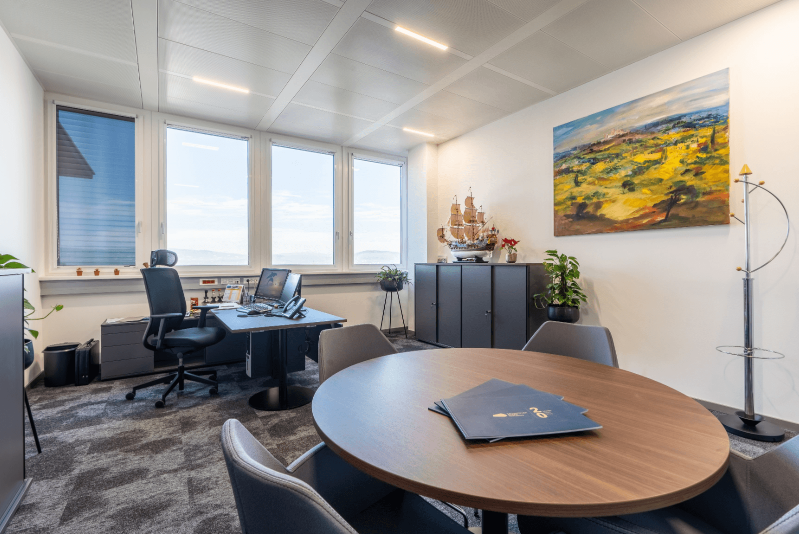 Helles Einzelbüro mit Schreibtisch, Besprechungstisch und weitem Ausblick durch die Fenster.