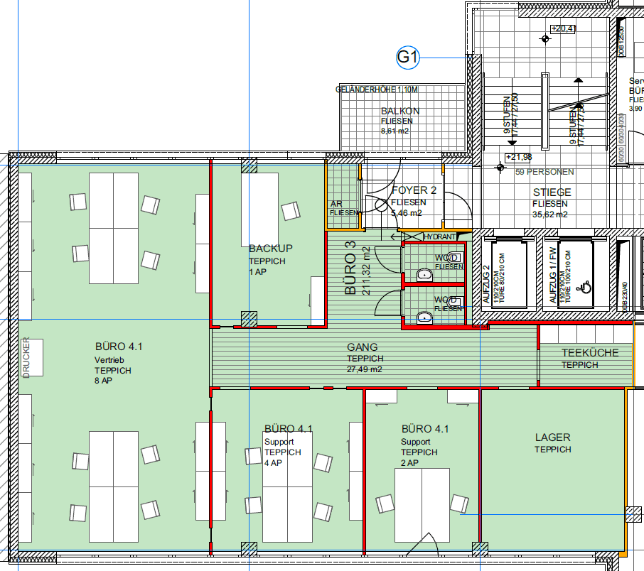 Detaillierter Grundriss einer Büroetage mit mehreren Büros, Teeküche, Sanitäranlagen und einem Balkon.