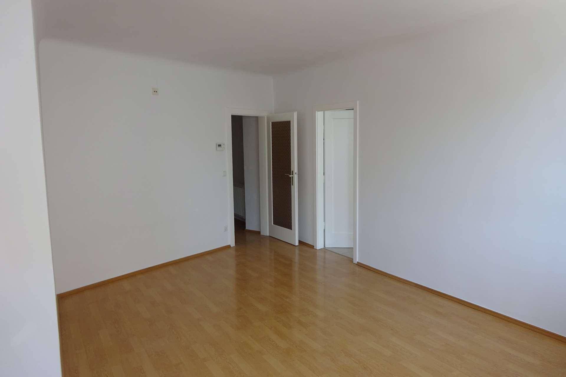 Heller Flur oder Wohnbereich mit Parkettboden und mehreren Türen zu angrenzenden Räumen.