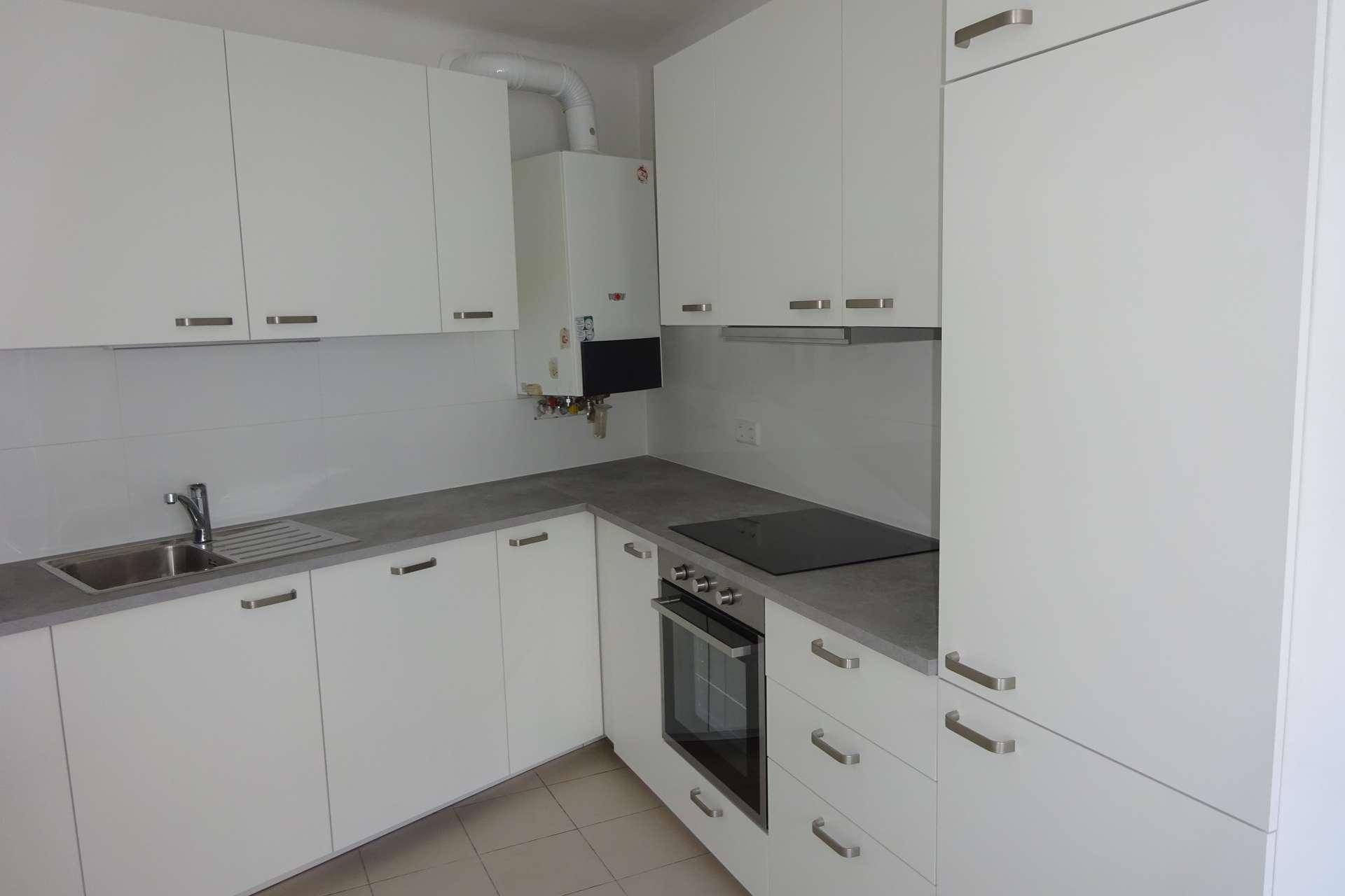 Moderne Einbauküche mit weißen Schränken, Induktionskochfeld und integriertem Backofen.