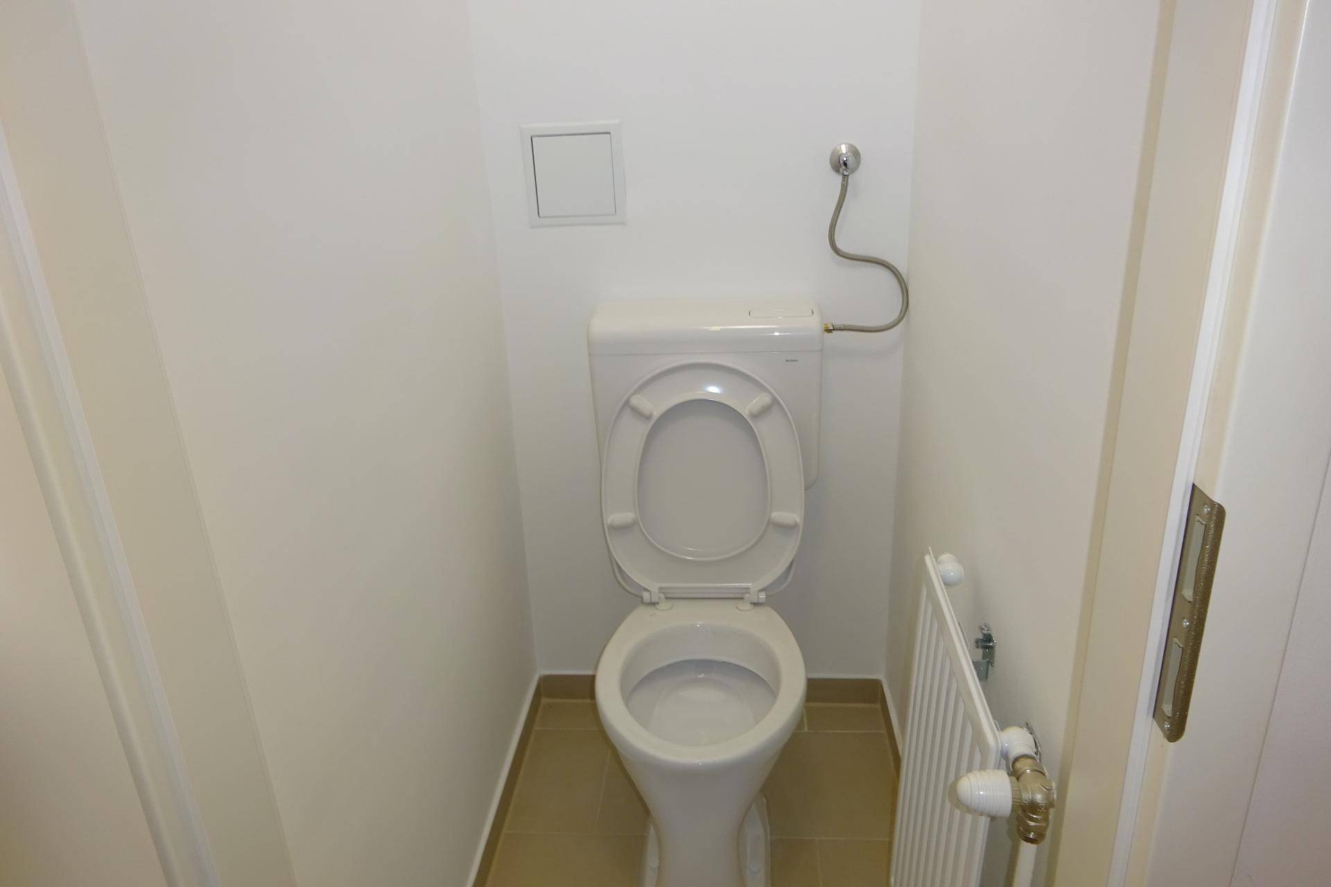 Separates WC mit Toilette und kleinem Heizkörper, in schlichtem Design gehalten.