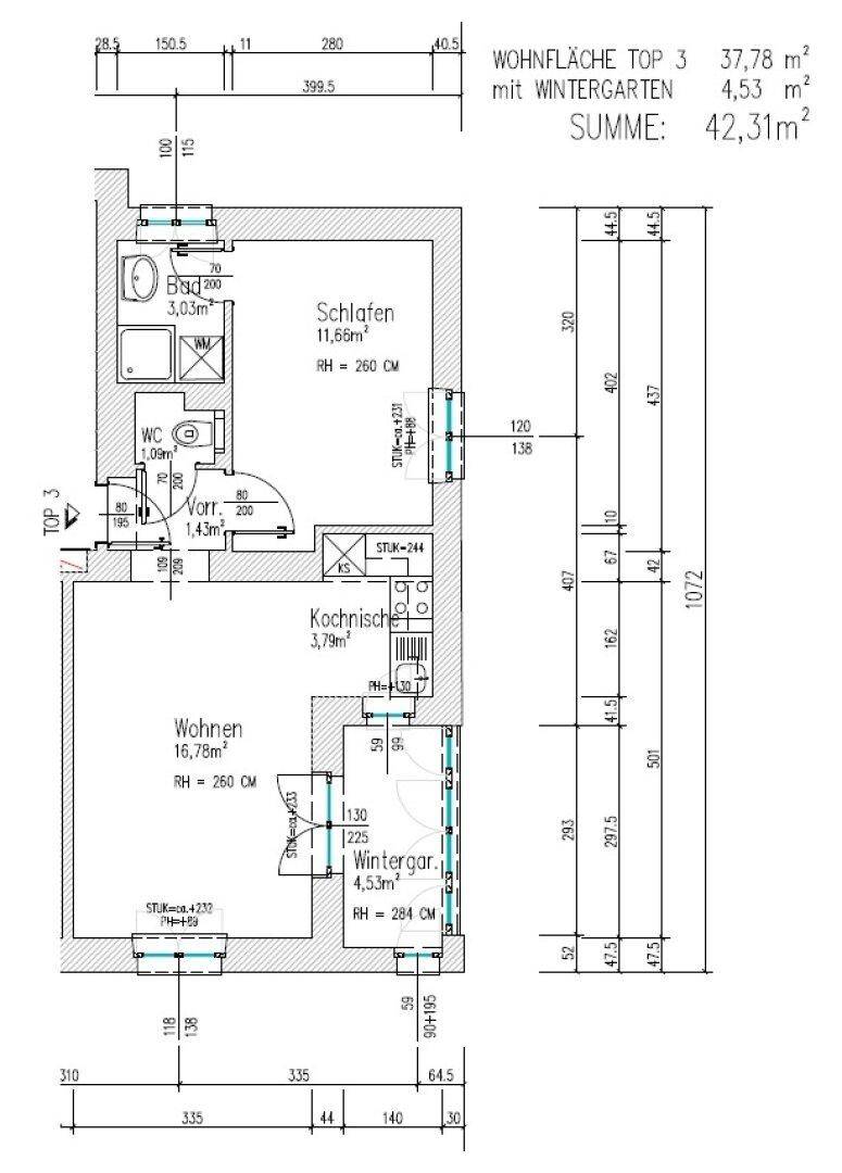Grundriss einer Wohnung mit Schlafzimmer, Wohnbereich, Kochnische, Bad und separatem WC, ergänzt durch einen Wintergarten.