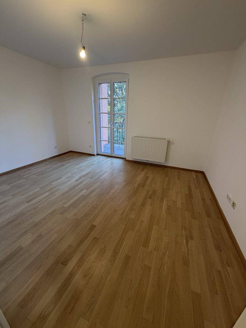 Helles Zimmer mit Parkettboden, weißen Wänden und Zugang zu einem französischen Balkon.