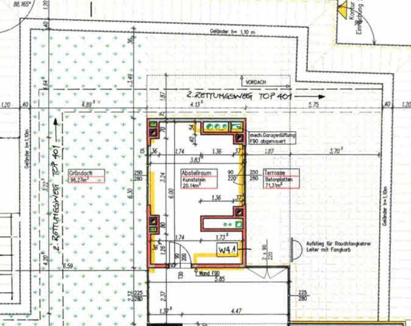 Detaillierter Grundriss einer Wohnung mit großer Terrasse und Abstellraum, inklusive Maßen und offenem Layout.