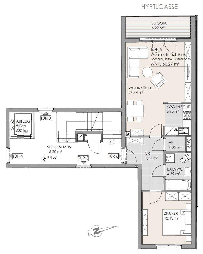 Grundriss der Wohnung mit Wohnküche, Schlafzimmer und Loggia.