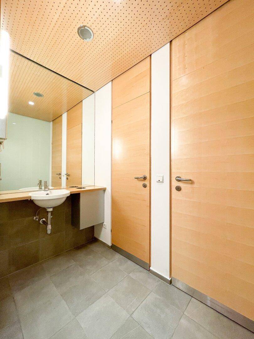Saubere öffentliche Toilette mit modernem Waschbecken, großem Spiegel und Holzvertäfelung an den Wänden.