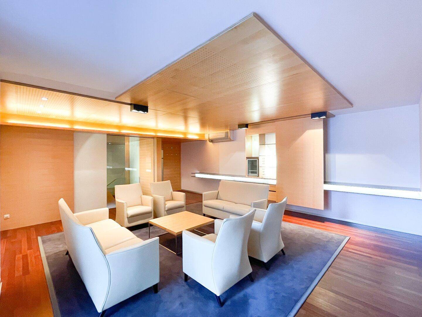 Gemütlicher Wohnbereich mit beigen Sofas, einem blauen Teppich und einer Holzdecke mit Beleuchtung.