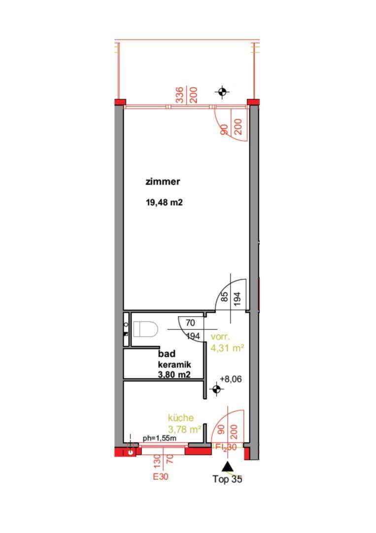 Grundriss einer Wohnung mit einem Zimmer, Bad und separater Küche, inklusive Flächenangaben.