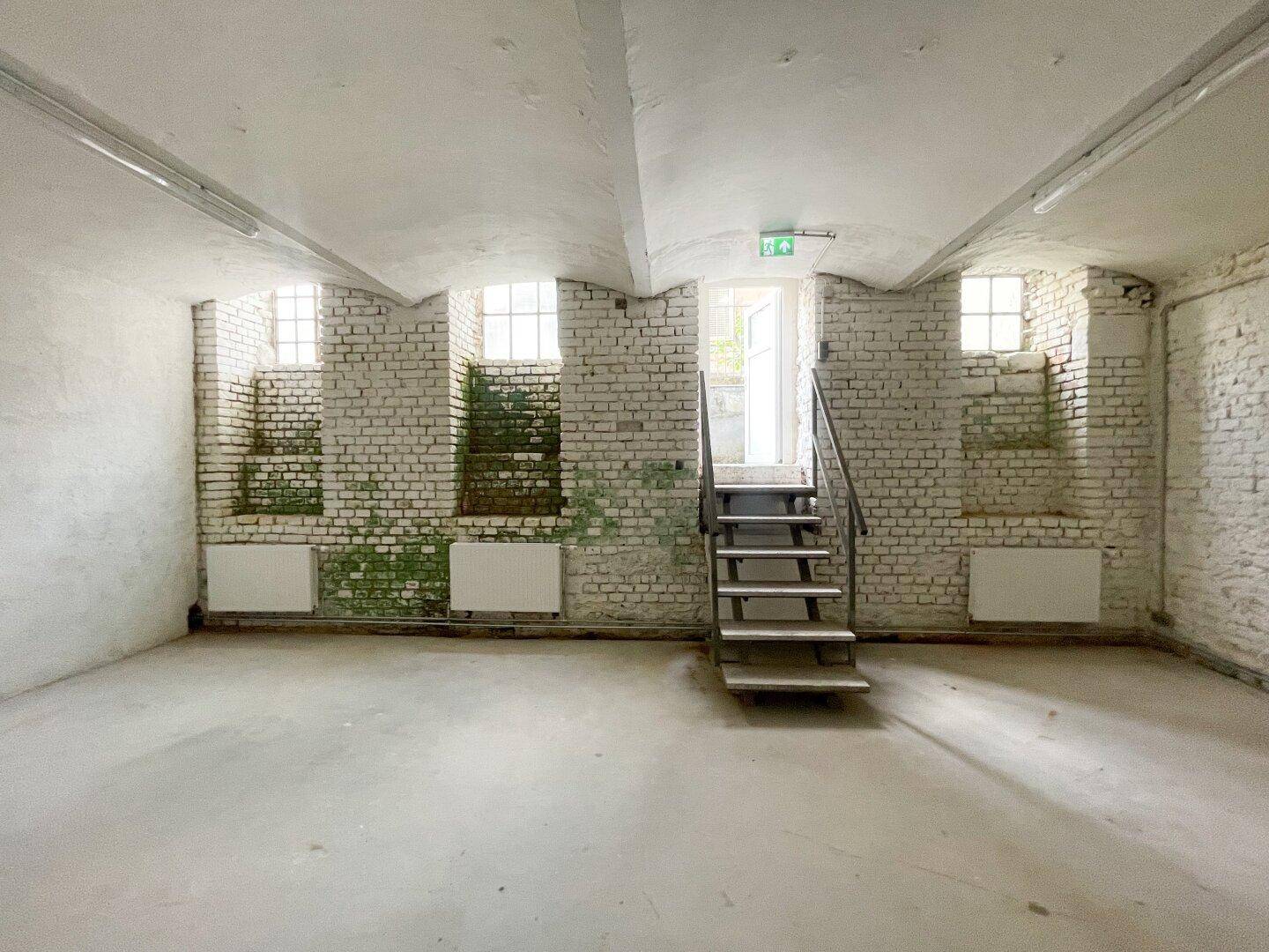 Kellerraum mit weiß gestrichenen Ziegelwänden, Tonnengewölbe, Fenstern und einer Metalltreppe zum Ausgang.