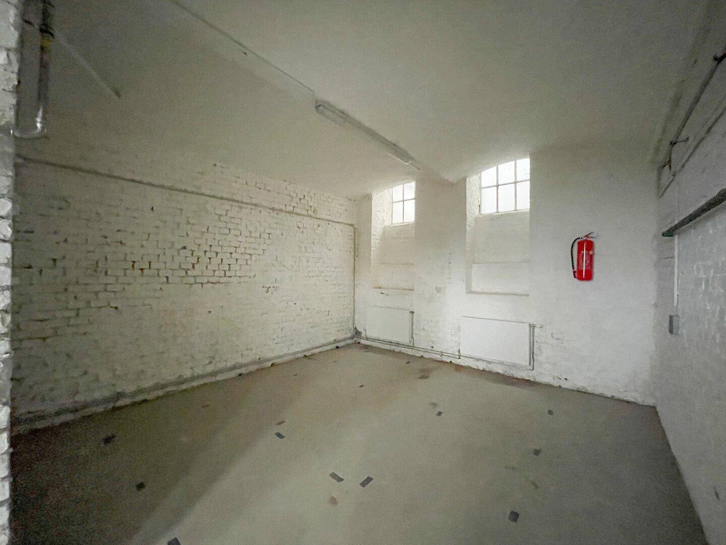 Kellerraum mit weiß gestrichenen Ziegelwänden, Tonnengewölbe und zwei kleinen Fenstern.
