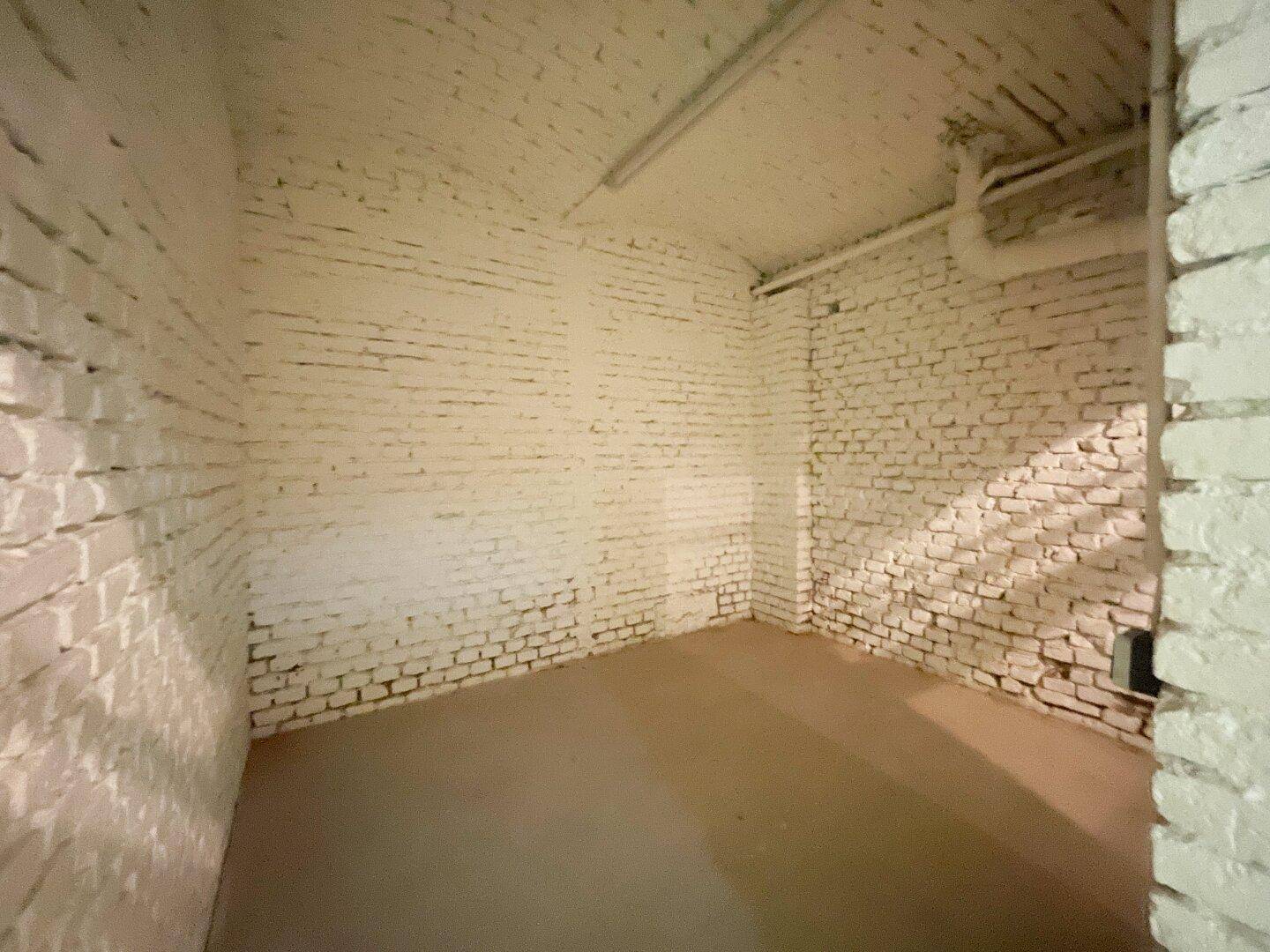 Kleiner Kellerraum mit weiß gestrichenen Ziegelwänden, Tonnengewölbe und einfacher Beleuchtung.