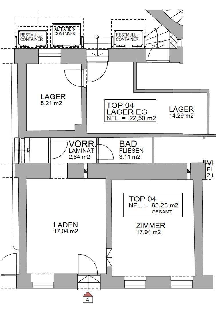 Grundriss mit Ladenfläche, Zimmer, Bad und Lagerräumen, inklusive Müllcontainer-Bereich.
