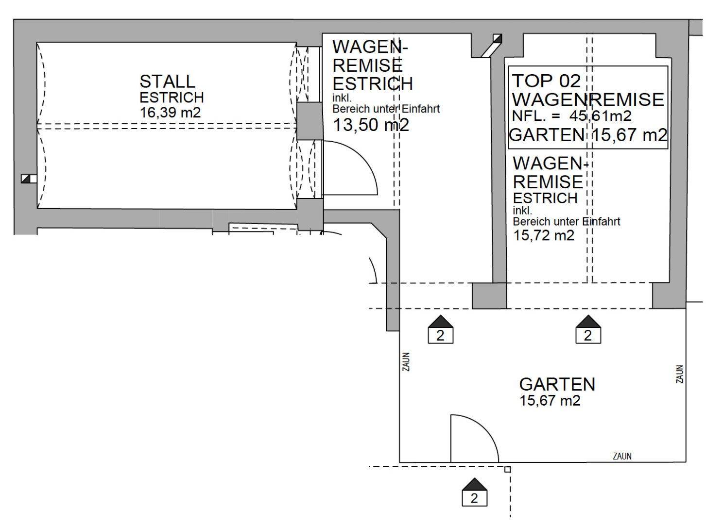 Grundriss zeigt eine Wagenremise und einen Gartenbereich mit Zaun.