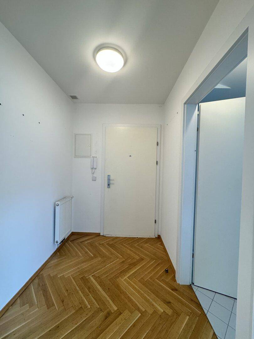 Eingangsbereich mit Fischgrätparkett und weißer Tür, die in die Wohnung führt.