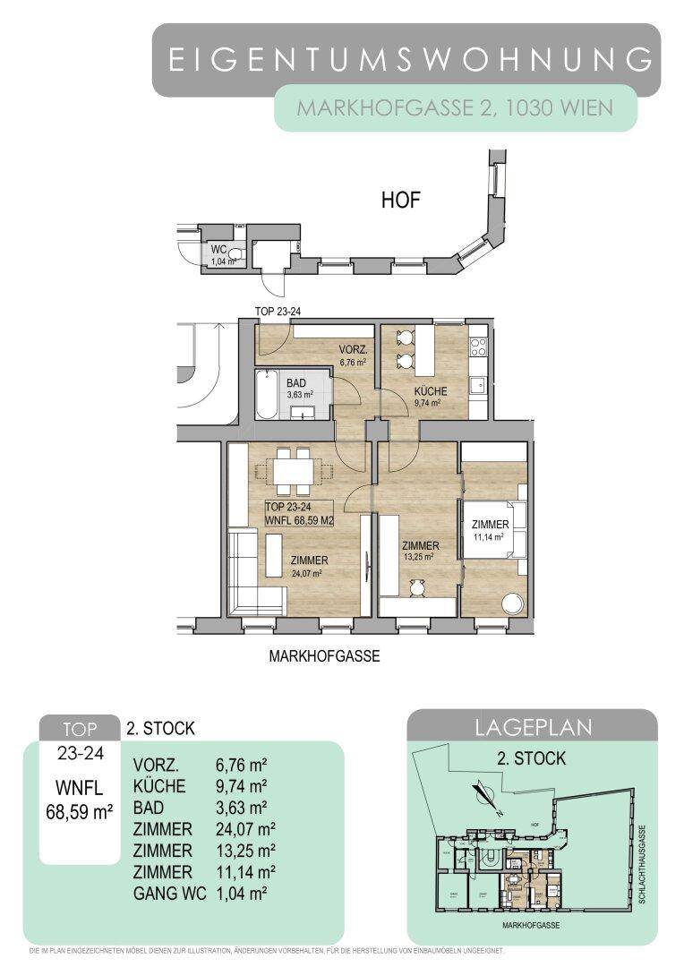 Grundriss einer Eigentumswohnung im 2. Stock mit drei Zimmern, offener Küche und Balkon.