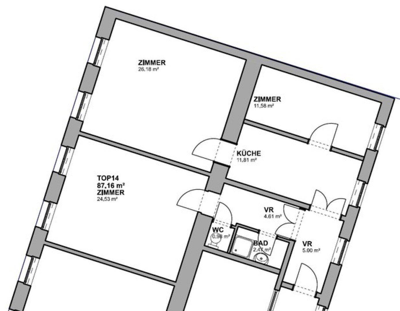 Grundriss einer Wohnung mit separater Küche, Bad, WC und mehreren Zimmern, die viel Tageslicht erhalten.