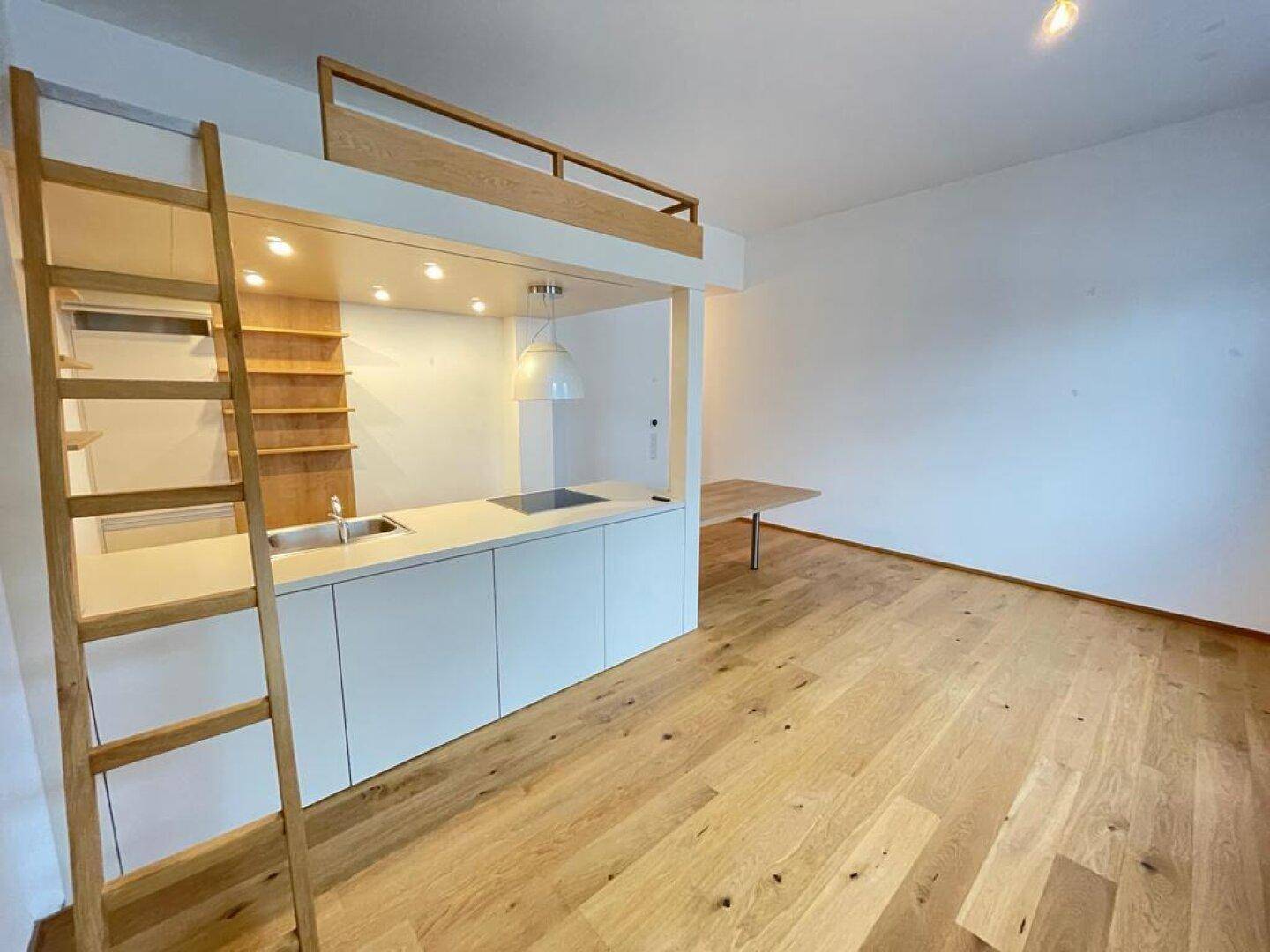 Moderner Wohnbereich mit integrierter Küchenzeile, Holzparkettboden und Zugang zur Schlafnische.