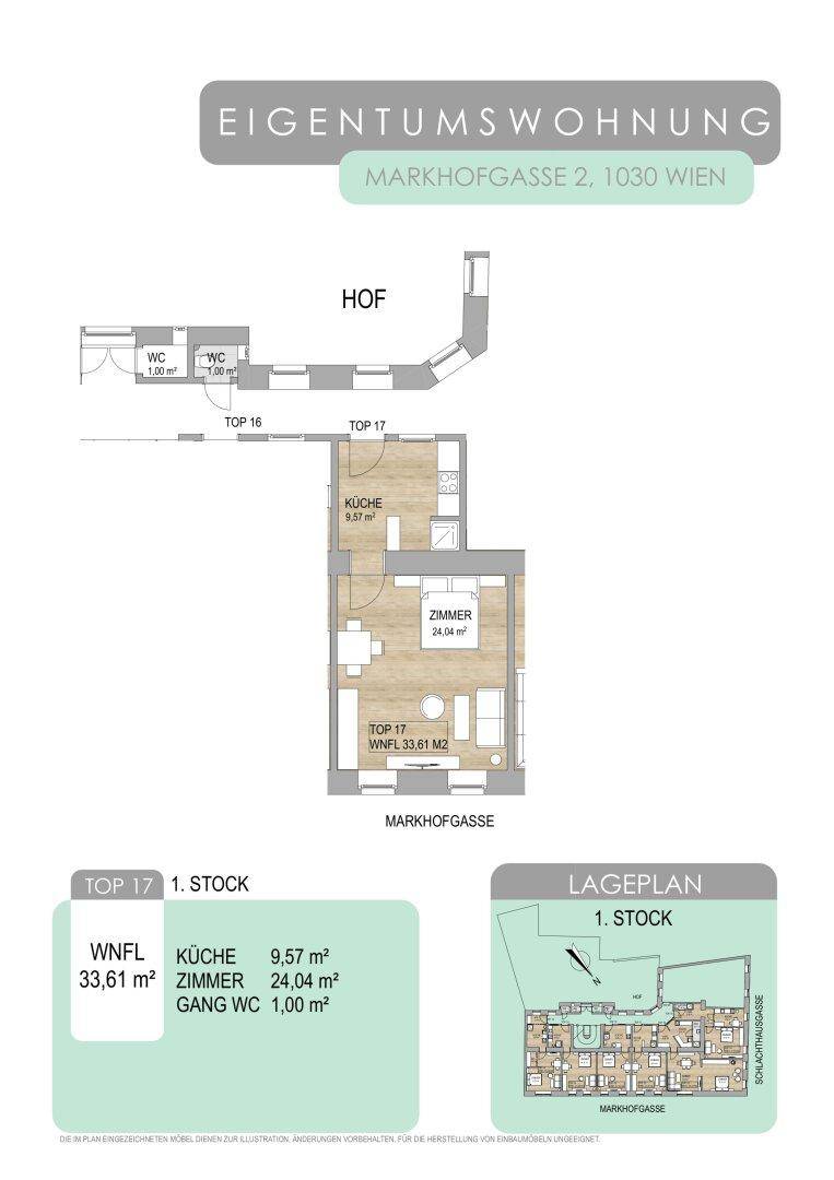 Grundriss einer Eigentumswohnung mit Küche, Zimmer und separatem WC im 1. Stock.