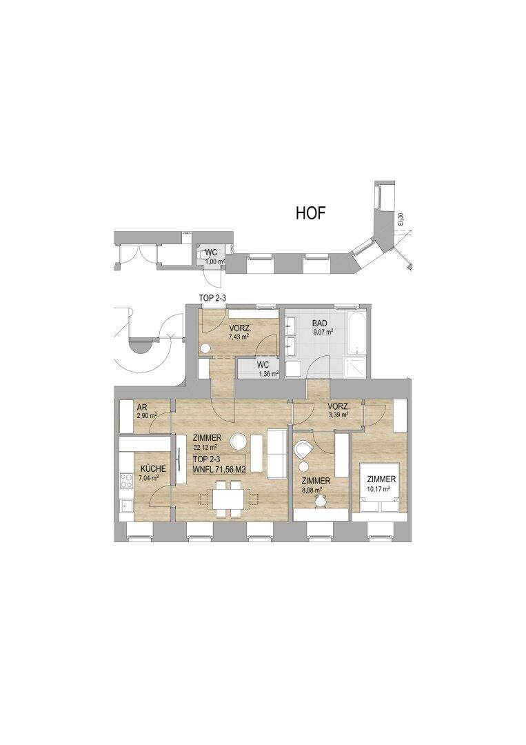 Grundriss der Wohnung TOP 2-3 mit 71,56 m² Wohnfläche und Hofzugang.