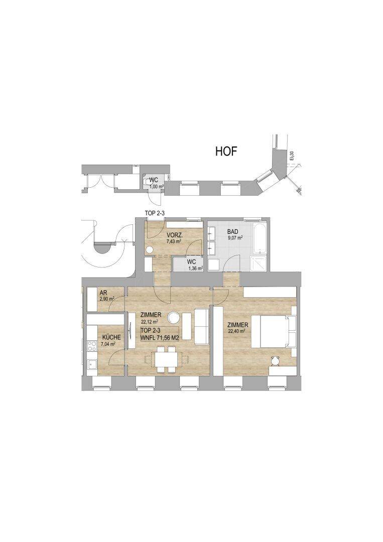 Grundriss der Wohnung TOP 2-3 mit 71,56 m² Wohnfläche und Hofzugang, mit Raumgrößen.