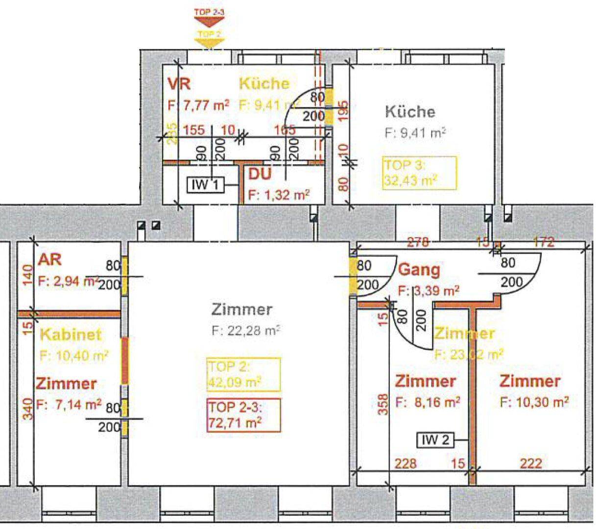Detaillierter Grundriss der Wohnung TOP 2-3 mit Raumaufteilung und Maßen.