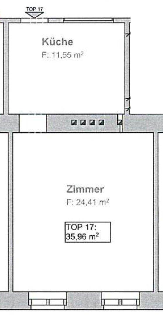 Detaillierter Grundrissausschnitt mit Küche und Zimmer, inklusive Flächenangaben.