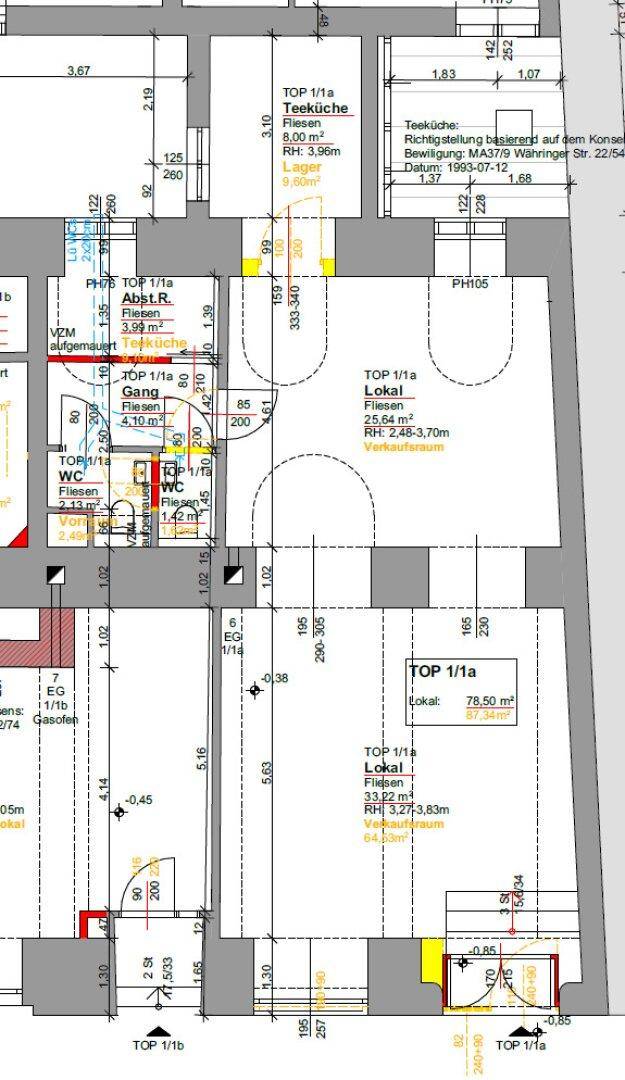 Detaillierter Grundriss mit verschiedenen Gewerbeflächen, Teeküche und Sanitäranlagen.