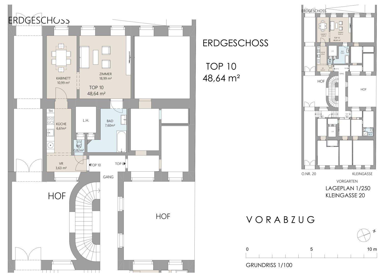 Grundriss der Wohnung Top 10 im Erdgeschoss mit 48,64 m² und Hofzugang.
