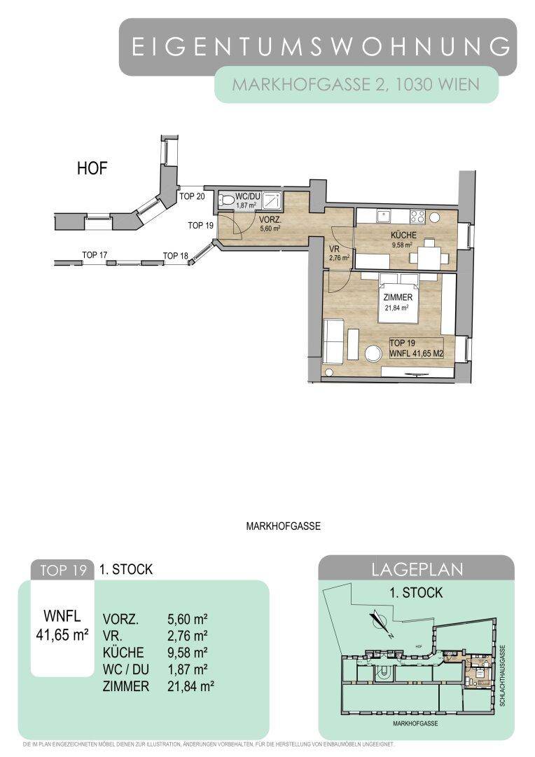 Grundriss der Eigentumswohnung Top 19 im 1. Stock mit 41,65 m² Wohnfläche und Balkon.