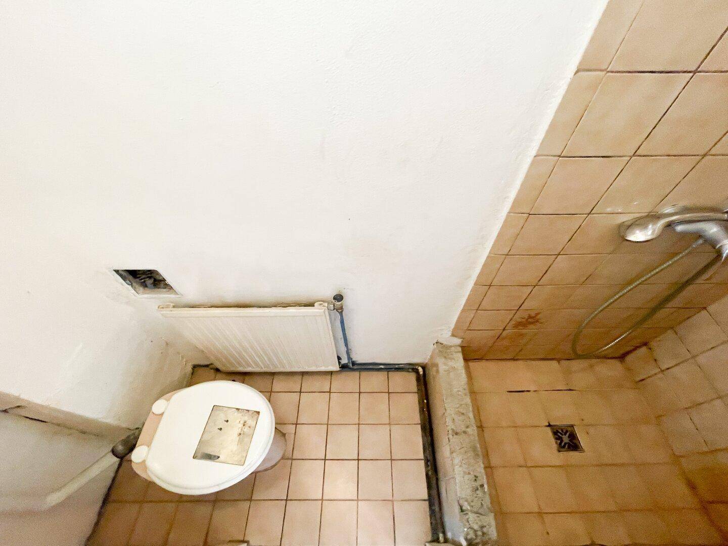 Kleines Badezimmer mit Toilette, Duschbereich und beigen Fliesen, das eine Renovierung benötigt.