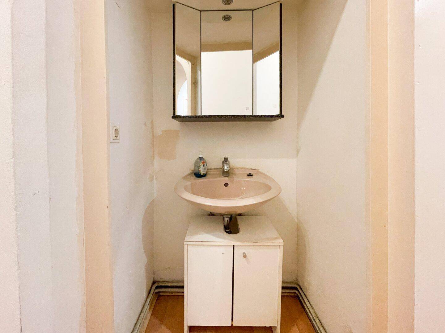 Kleiner Waschraum mit einem einzelnen Waschbecken, Spiegelschrank und Laminatboden.