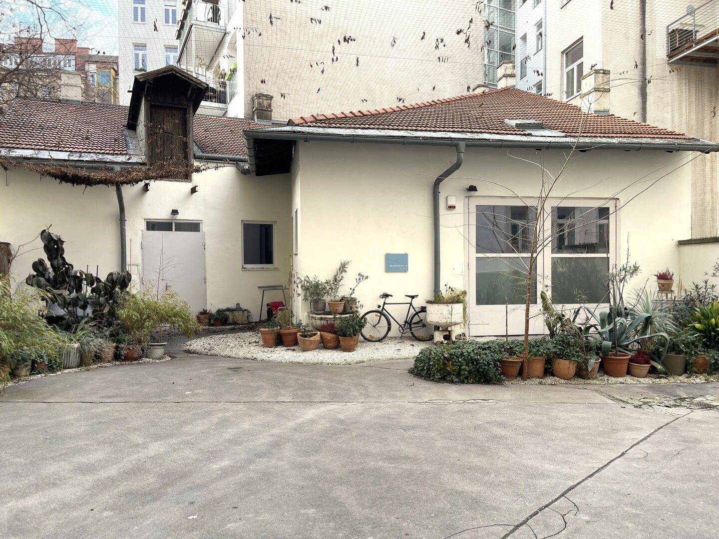 Begrünter Innenhof mit einem kleinen Gebäude, vielen Pflanzen und einem Fahrrad.