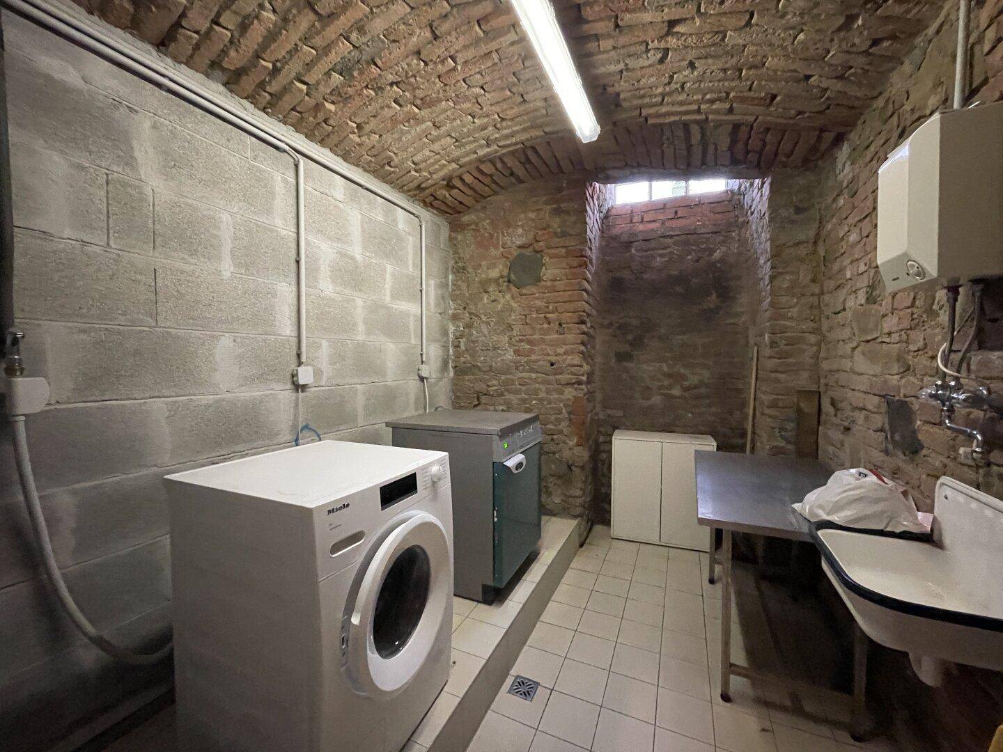 Funktionaler Waschraum im Keller mit Waschmaschine, Spülbecken und Ziegelwänden.