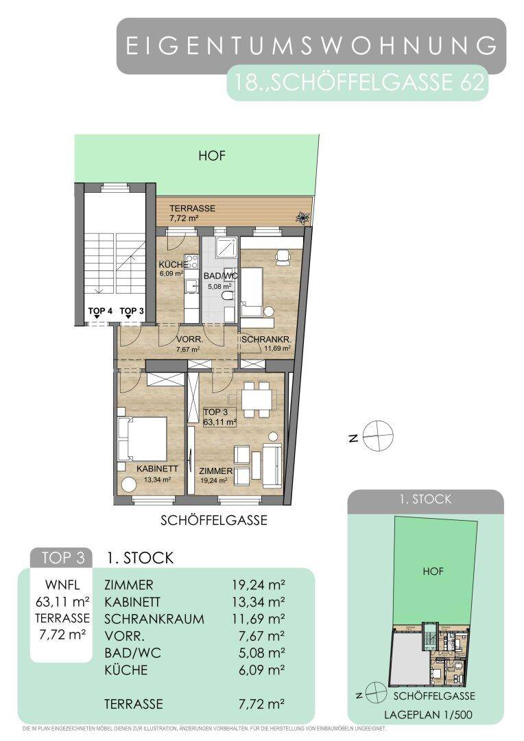 Grundriss der Wohnung Top 3 im ersten Stock mit Terrasse, Küche und zwei Zimmern.