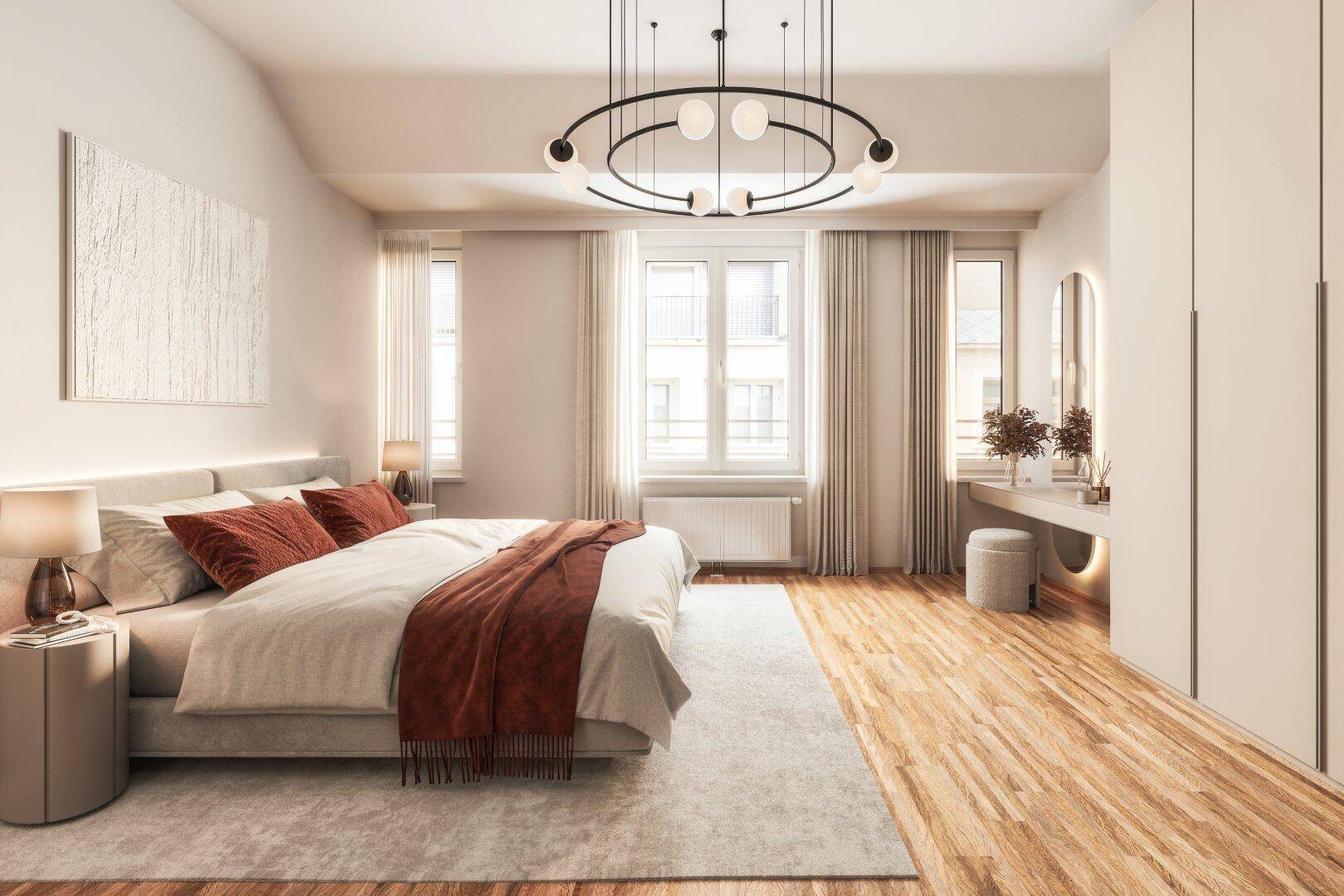 Geräumiges Schlafzimmer mit Holzboden, großen Fenstern und stilvoller Beleuchtung.