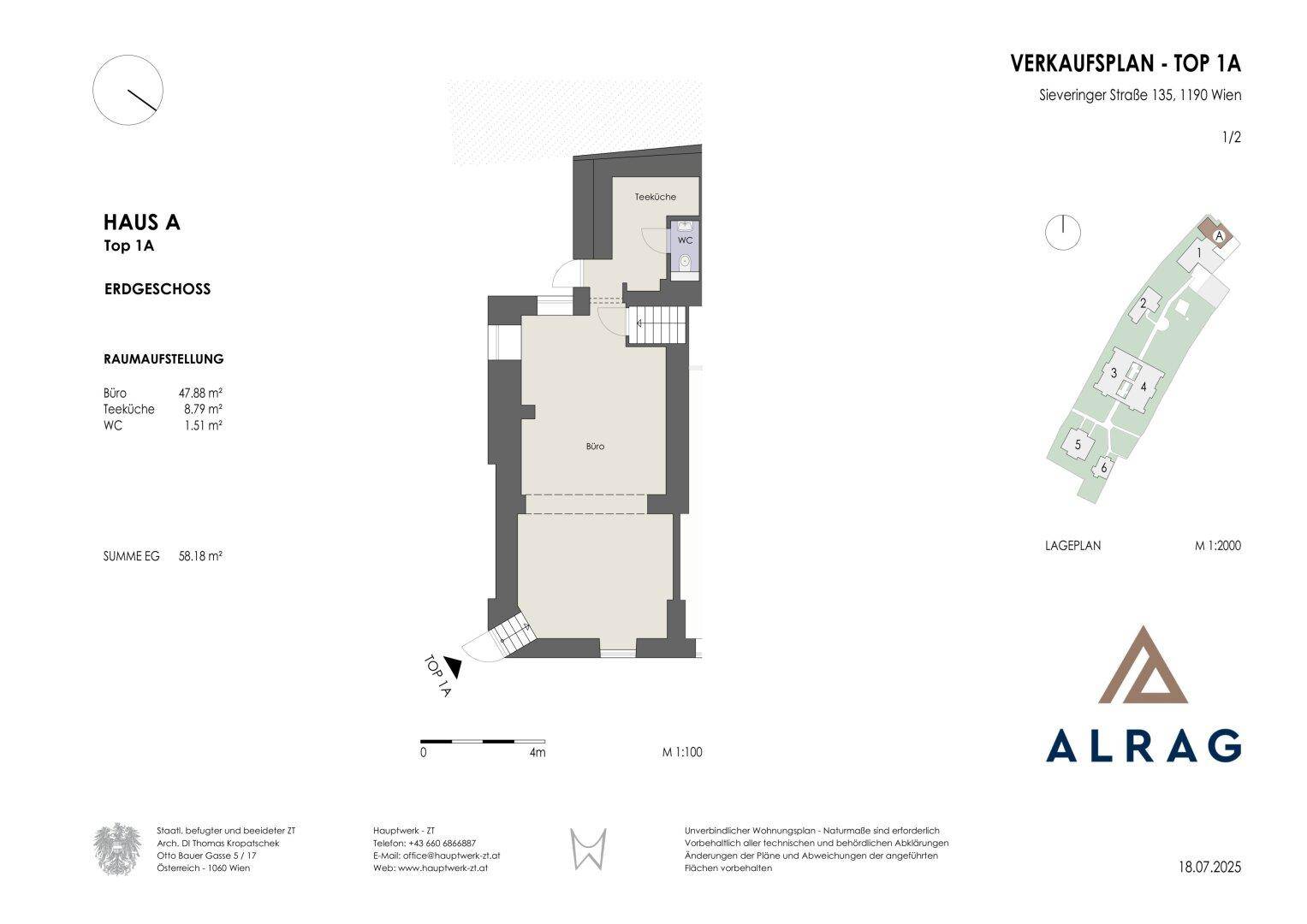 Grundriss des Erdgeschosses mit Büro, Teeküche und separatem WC.