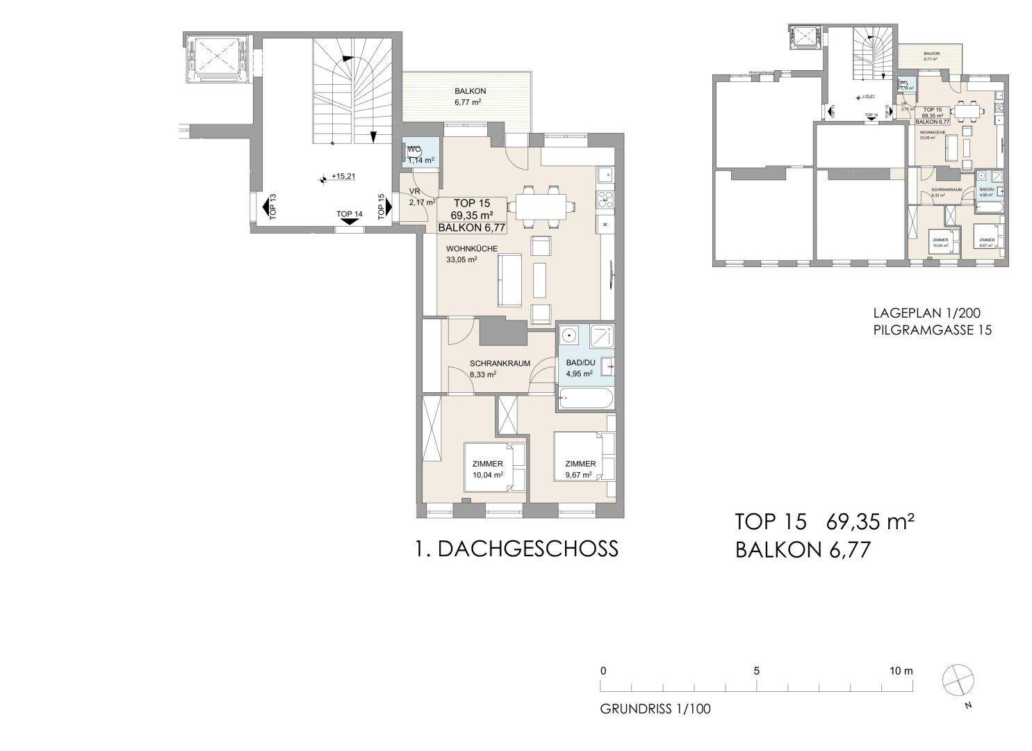 Grundrissplan für eine Dachgeschosswohnung mit offenem Wohnbereich, Balkon und zwei Bädern.