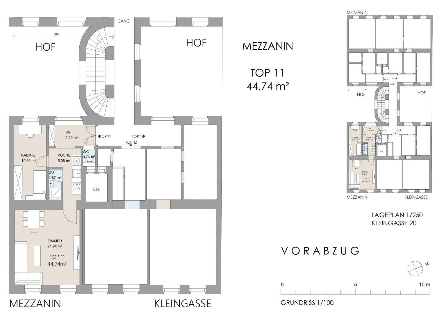 Grundriss der Mezzanin-Wohnung Top 11 mit 44,74 m² und Hofblick.